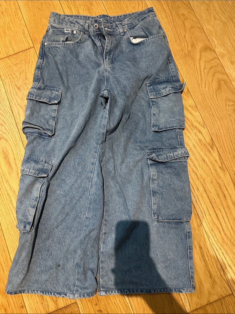 Wide Leg Denim Cargo Pants - Light Blue